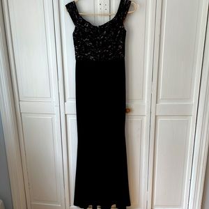 Xscape Evening Gown tan and black.